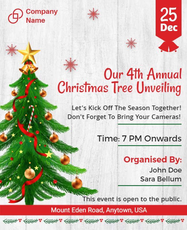 Festive Green Christmas Tree Unveiling Celebration Flyer Template