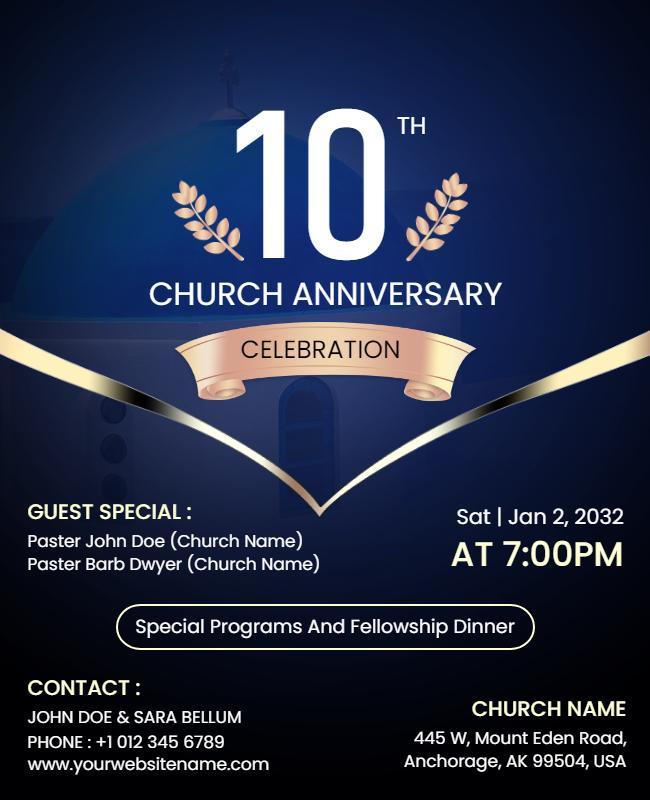 Sophisticated Navy and Gold 10th Church Anniversary Flyer Template