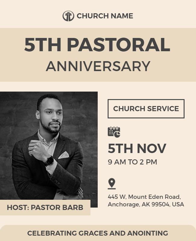 Elegant Monochrome 5th Pastoral Anniversary Service Flyer Template