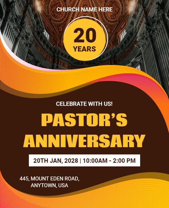 Vibrant Orange Church Pastor's Anniversary Celebration Flyer Template