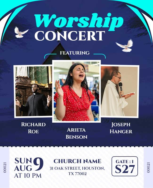 Vibrant Blue Worship Concert Featuring Talented Artists Flyer Template