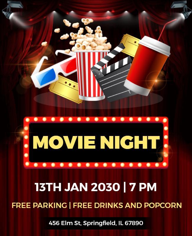 Red Themed Movie Night with Popcorn and Drinks Flyer Template