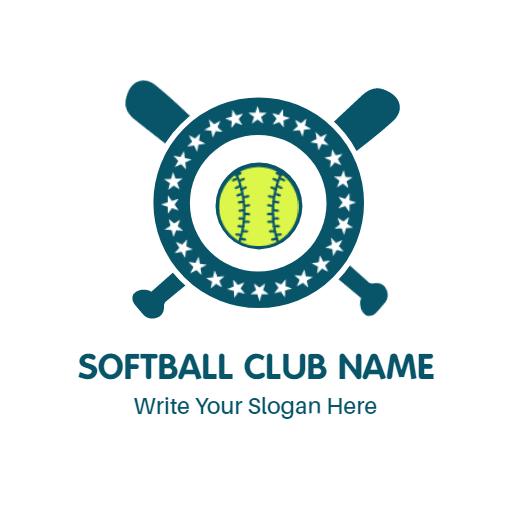 Circular Blue and White Softball Design with Bats Logo Template
