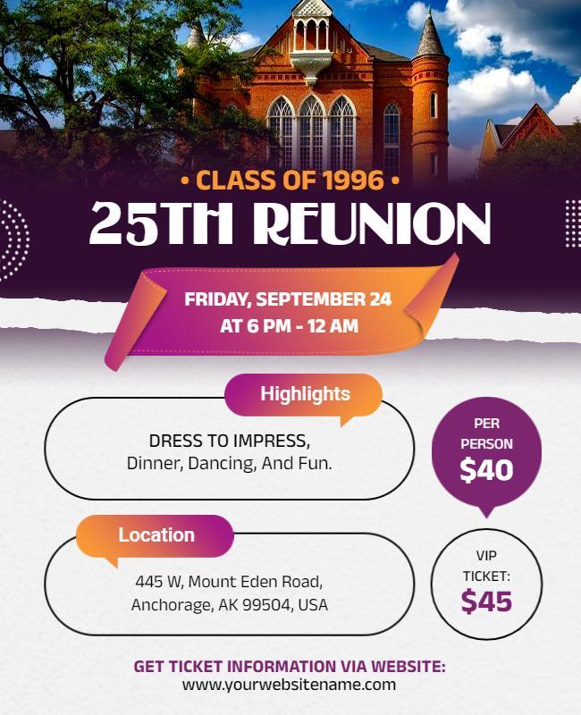 Elegant Purple Class of 1996 Reunion Celebration Flyer Template