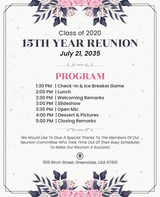 Floral Elegant 15th Year Class Reunion Flyer Template