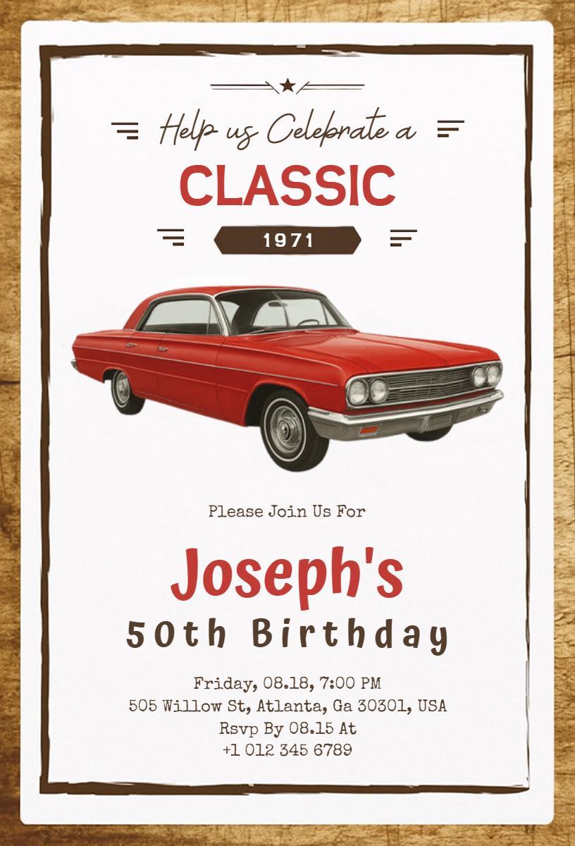 Classic 1971 Car Enthusiast Birthday Celebration Invitation Template