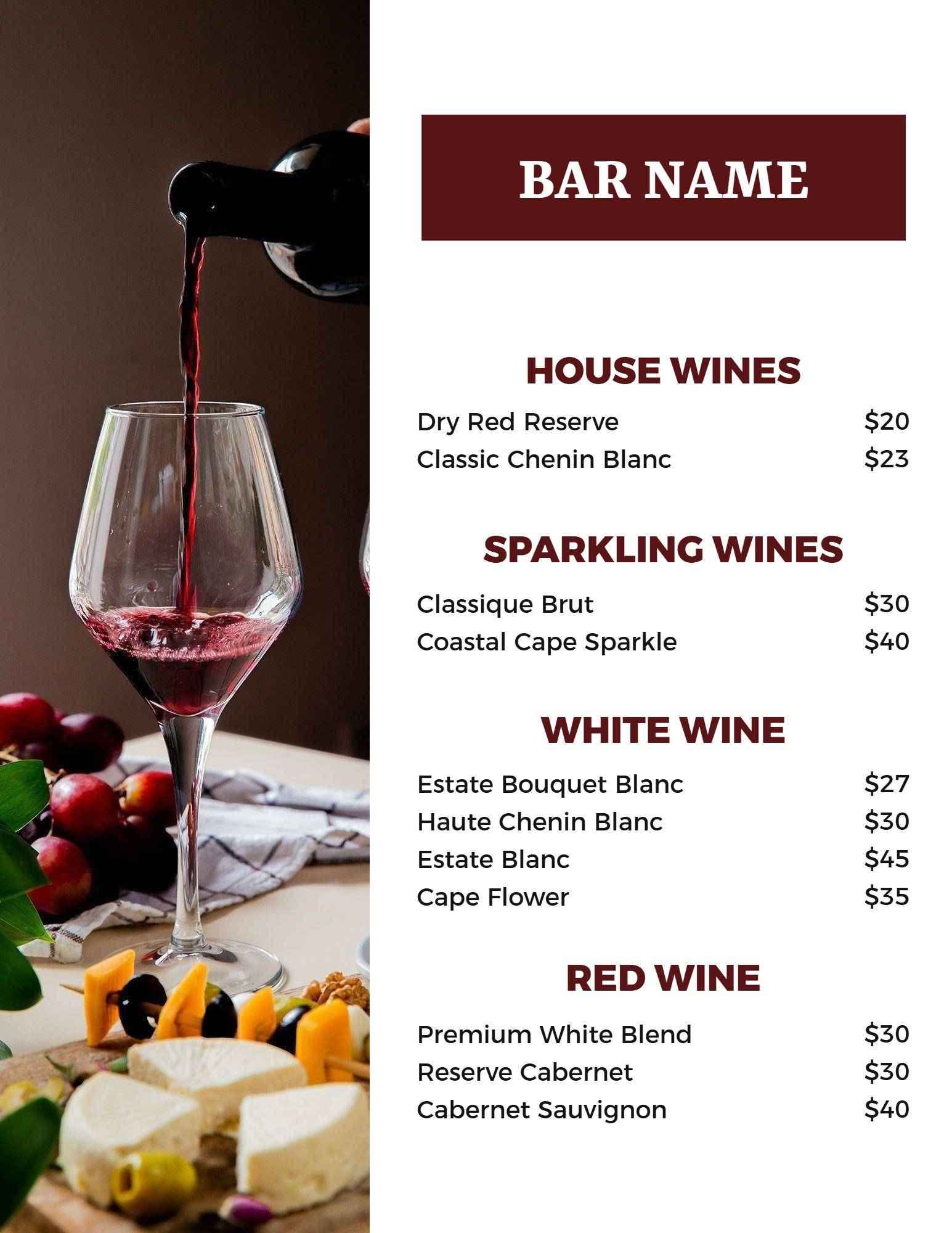 Classic and Elegant Wine Bar Menu Template