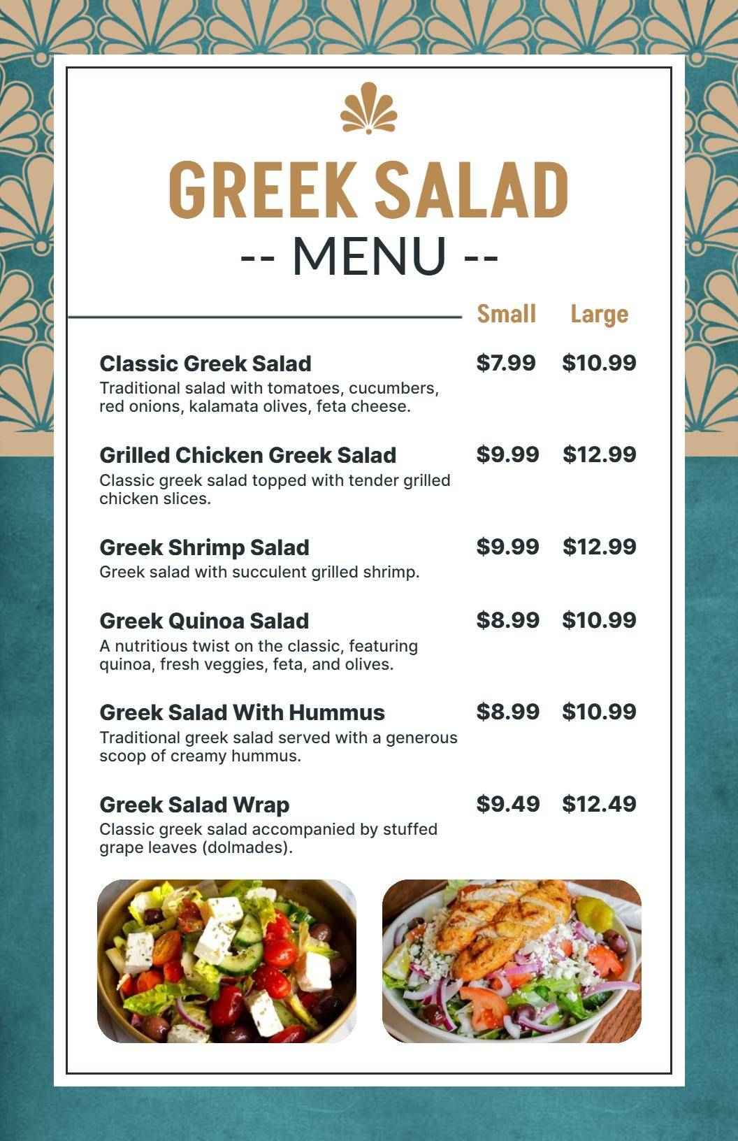 Classic and Grilled Greek Salad Options with Fresh Ingredients Menu Template
