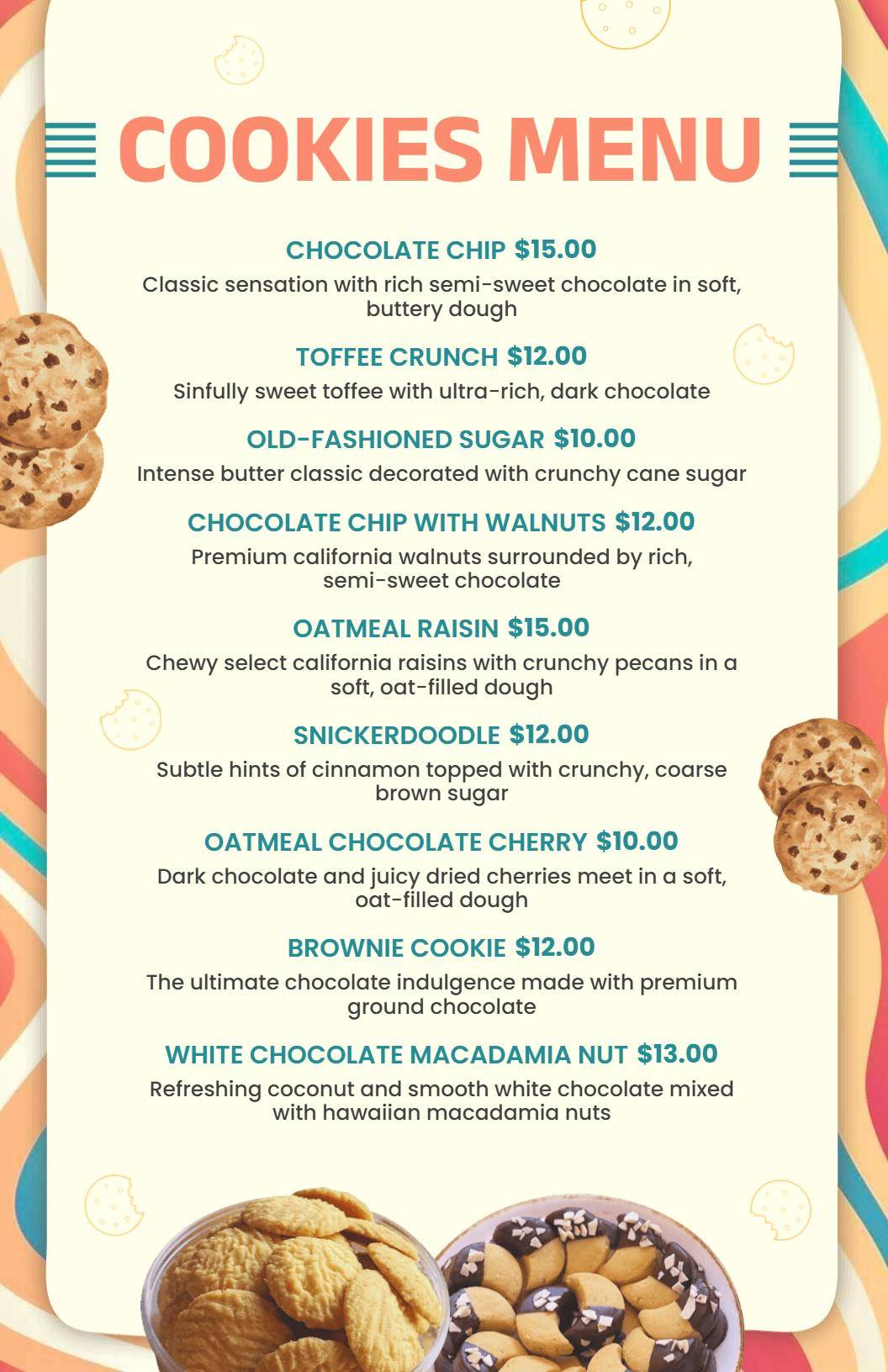 Classic and Specialty Cookie Flavors with Nutty Additions Menu Template