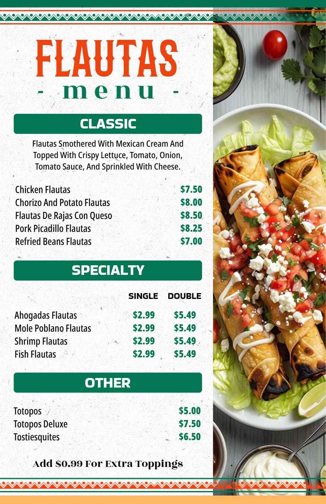 Classic Authentic Tasteful Mexican Flautas Dish Menu Template