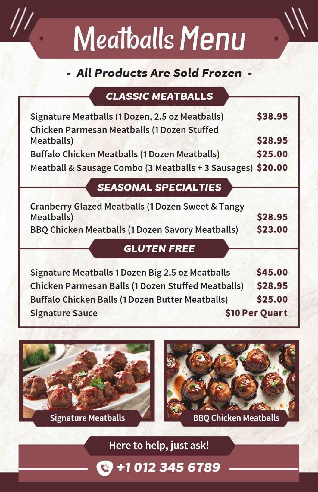 Classic Beige and Maroon Signature Meatball Selections Menu Template