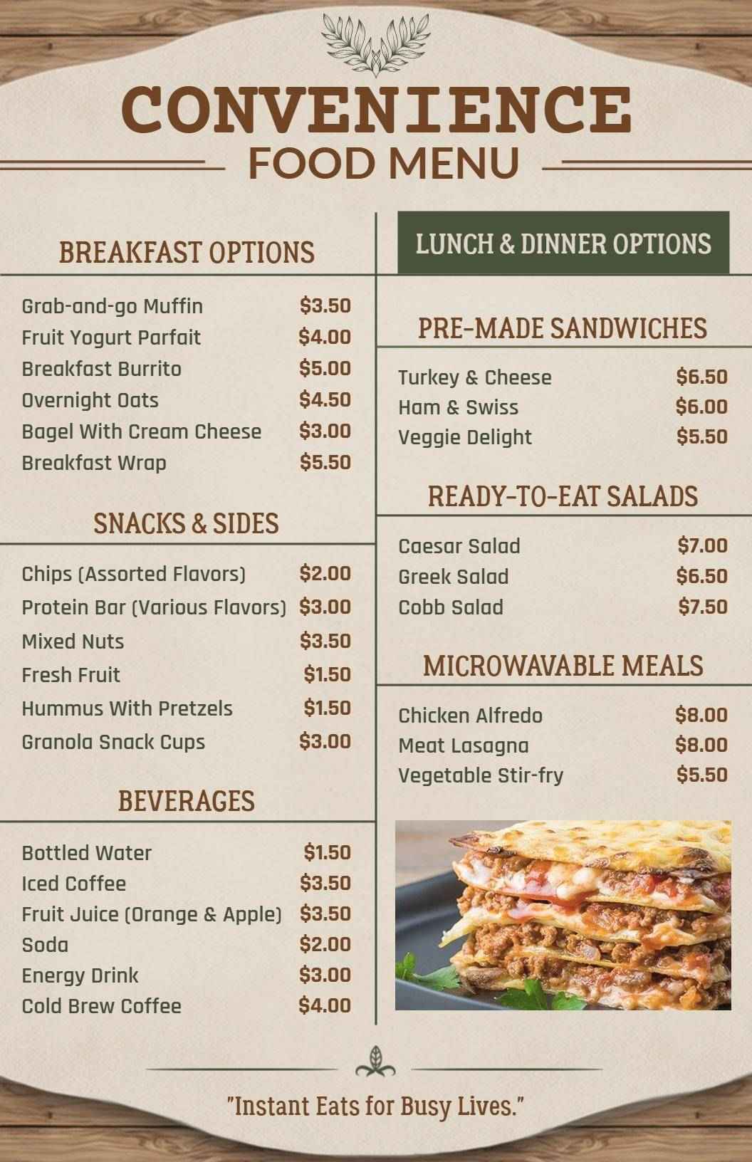 Classic Beige Convenience Meals Cafe Menu Template