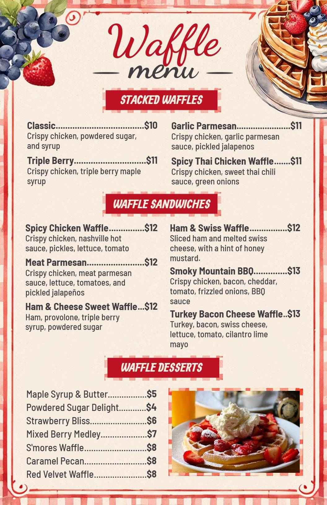 Classic Berry Rustic Waffle Delights Menu Template