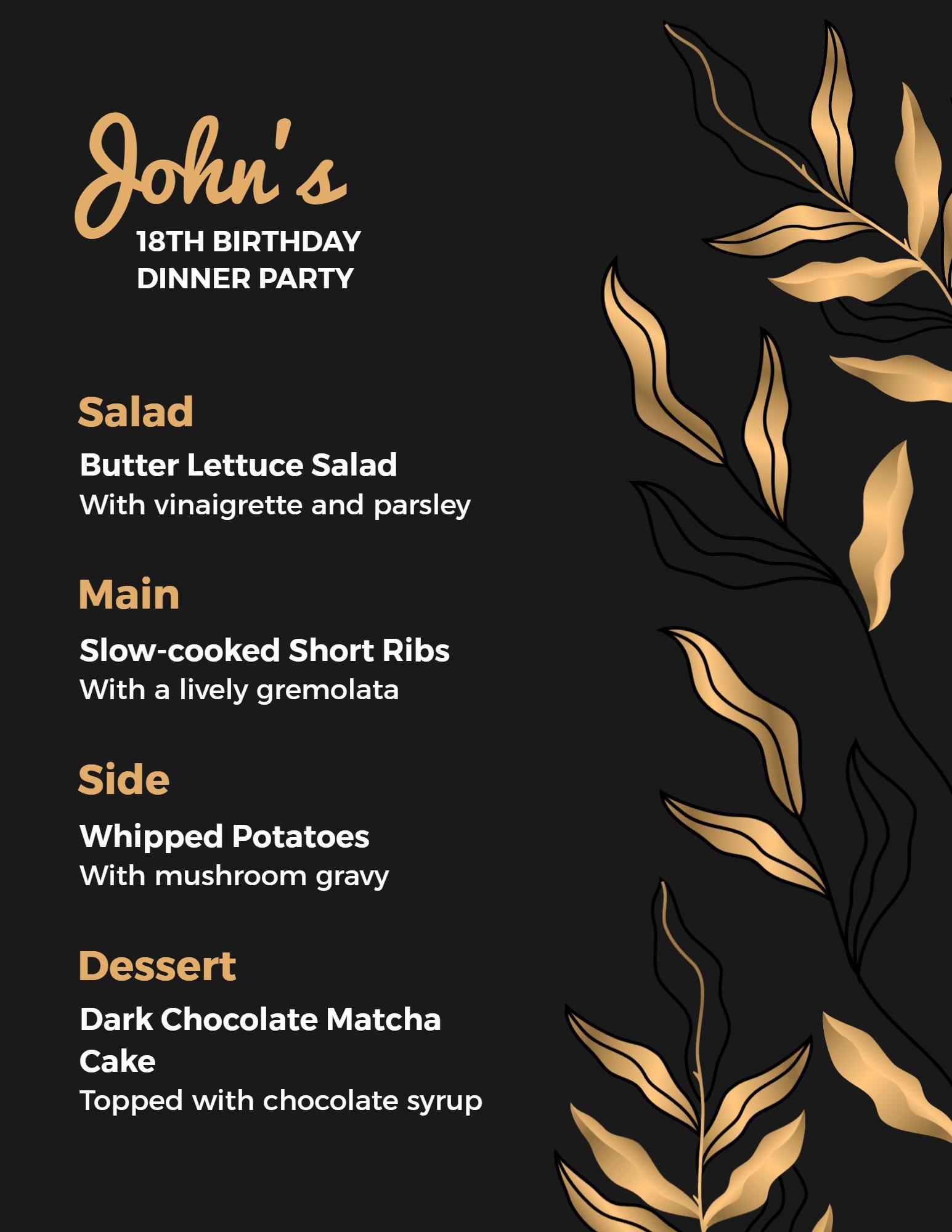 Classic Birthday Dinner Party Menu Template
