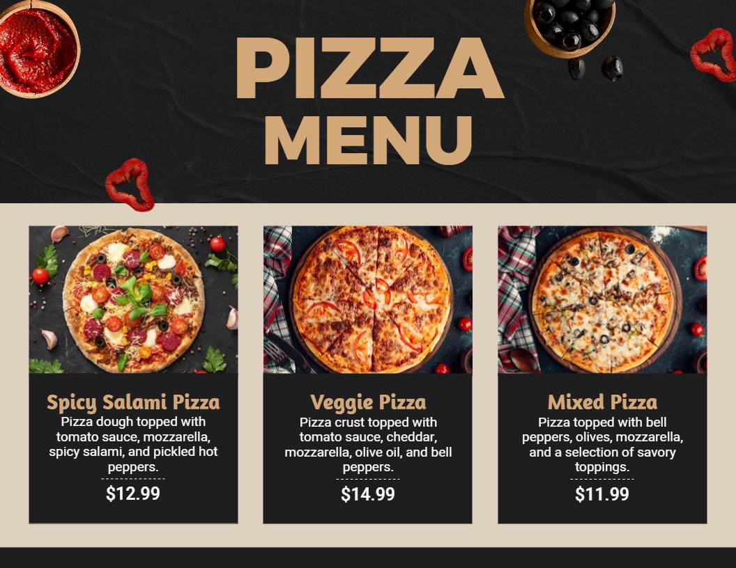 Classic Black and Beige Themed Pizzeria Menu Template