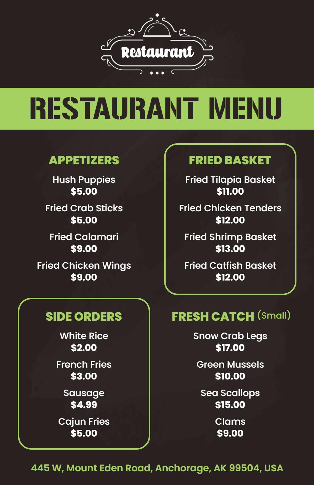 Classic Black and Lime Green Restaurant Dining Menu Template