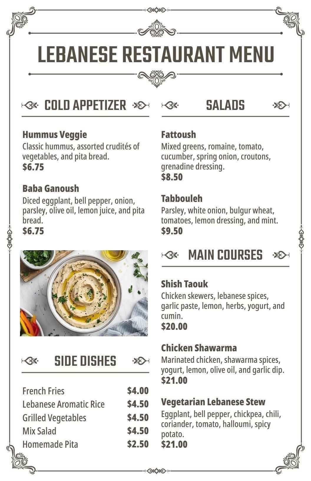 Classic Black and White Lebanese Restaurant Menu Template