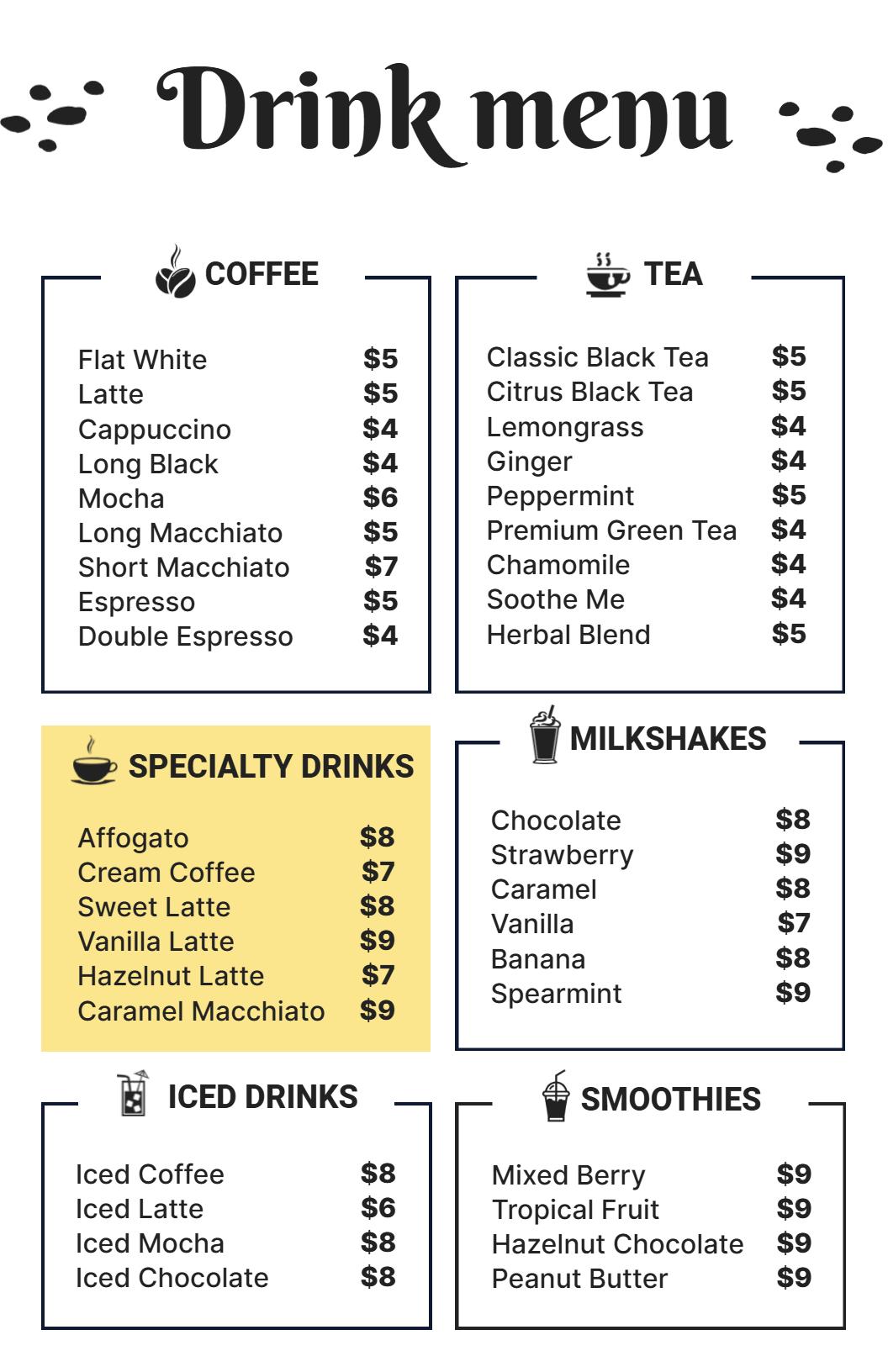 Classic Black and White Tea and Coffee Drink Menu Template