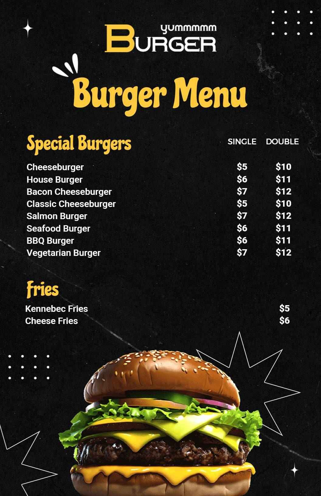 Classic Black and Yellow Theme Burger Price Menu Template