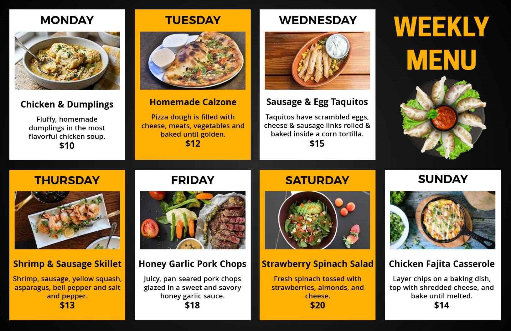 Classic Black and Yellow Weekly Menu Template