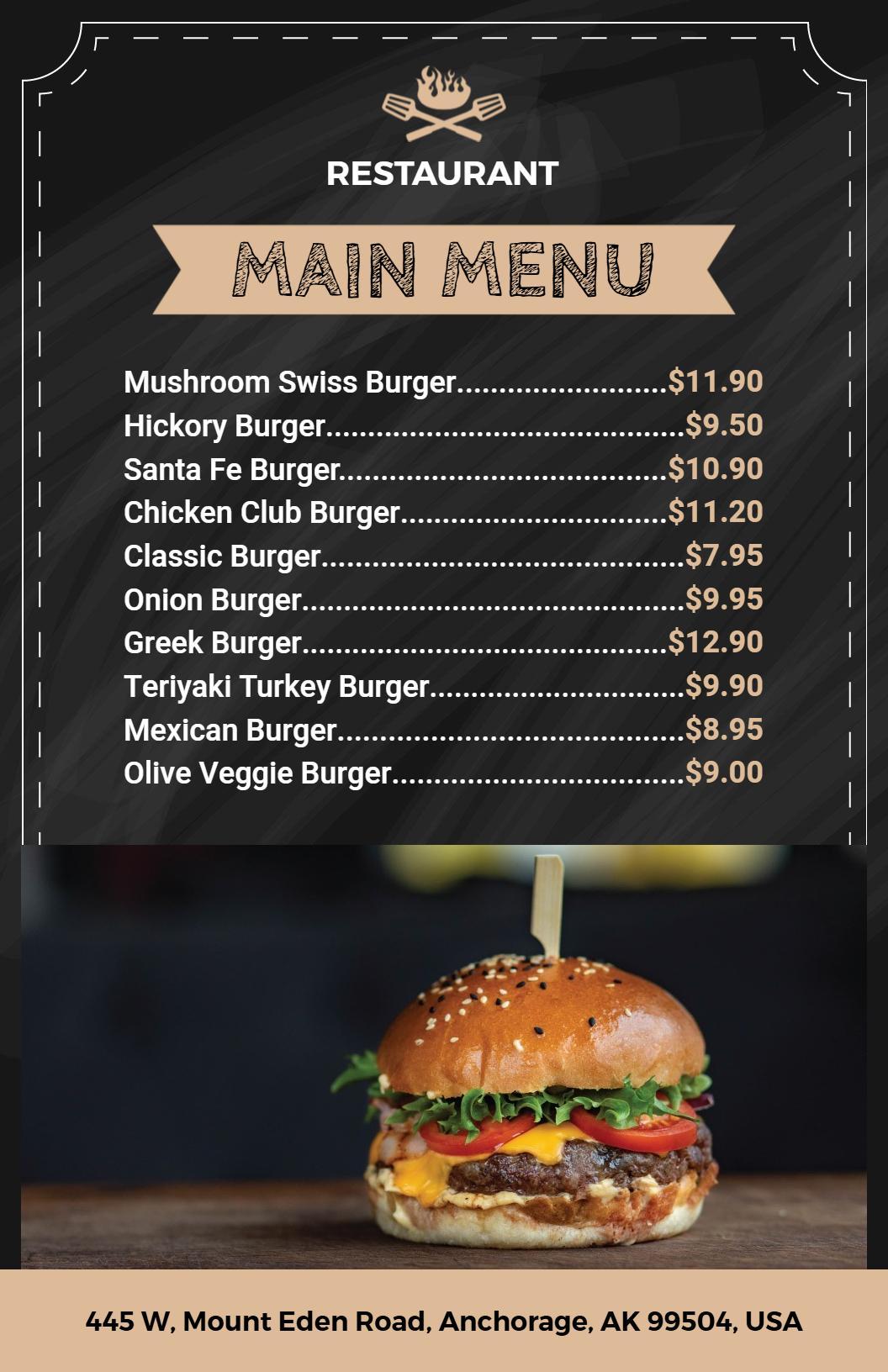 Classic Black Chalkboard Burger Restaurant Offerings Menu Template