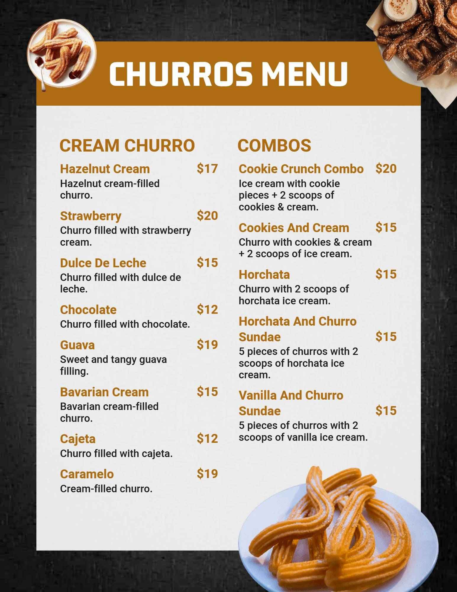 Classic Black Textured Background Churro Menu Template