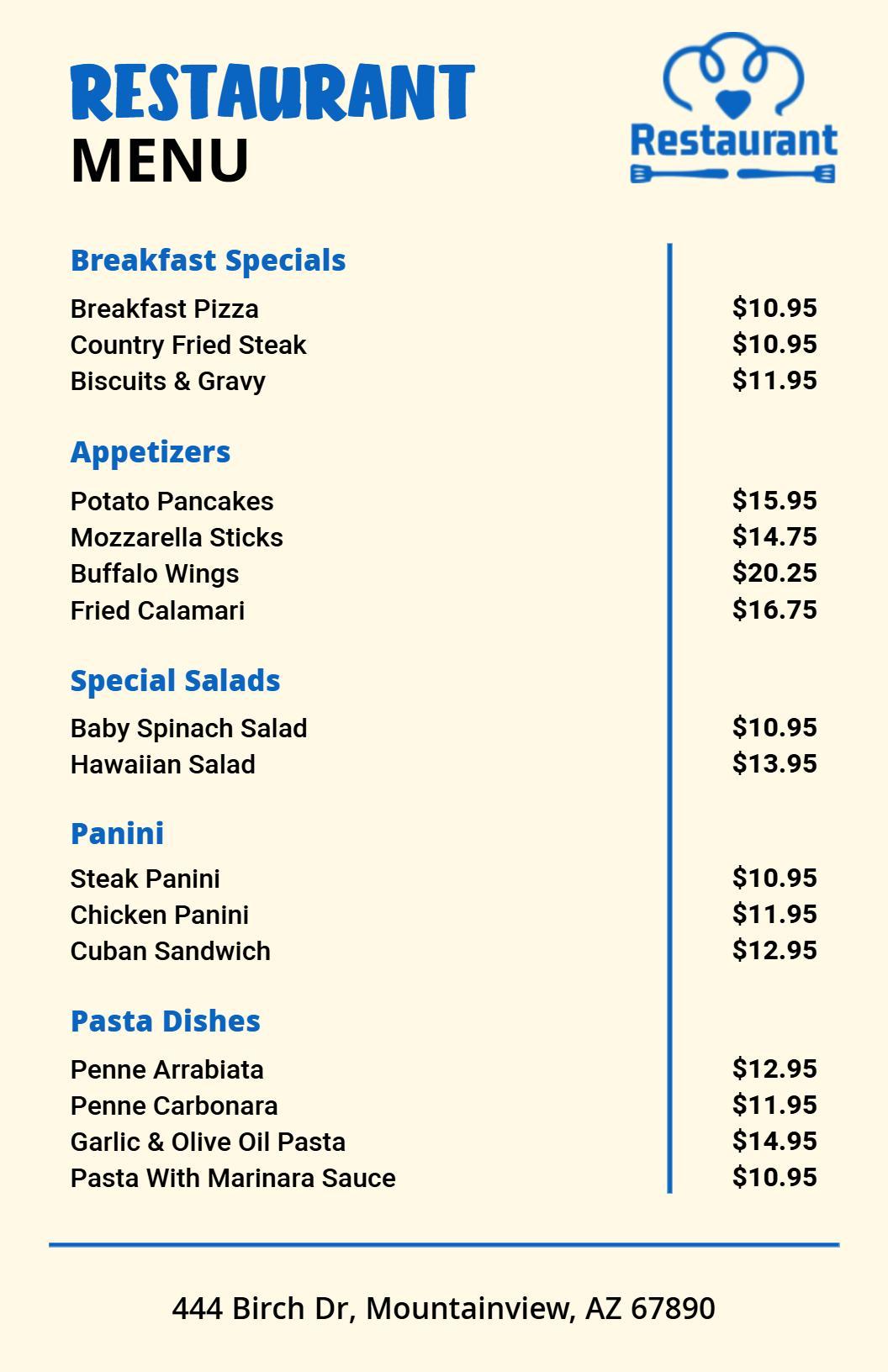 Classic Blue and Cream Restaurant Menu Template