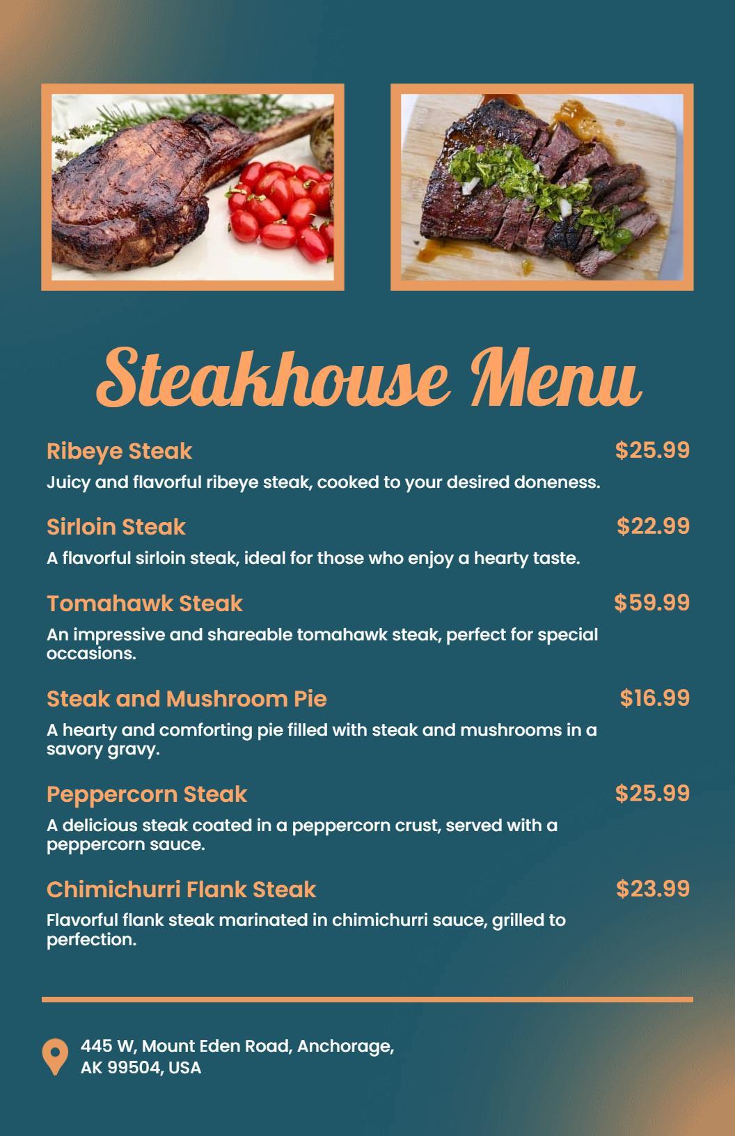 Classic Blue and Orange Steakhouse Restaurant Menu Template