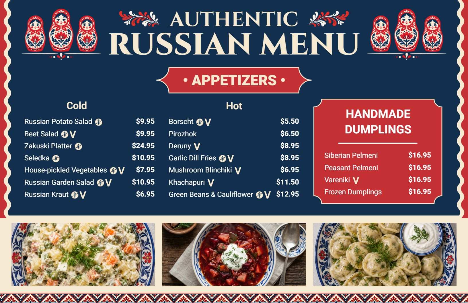 Classic Blue and Red Authentic Russian Appetizers Menu Template