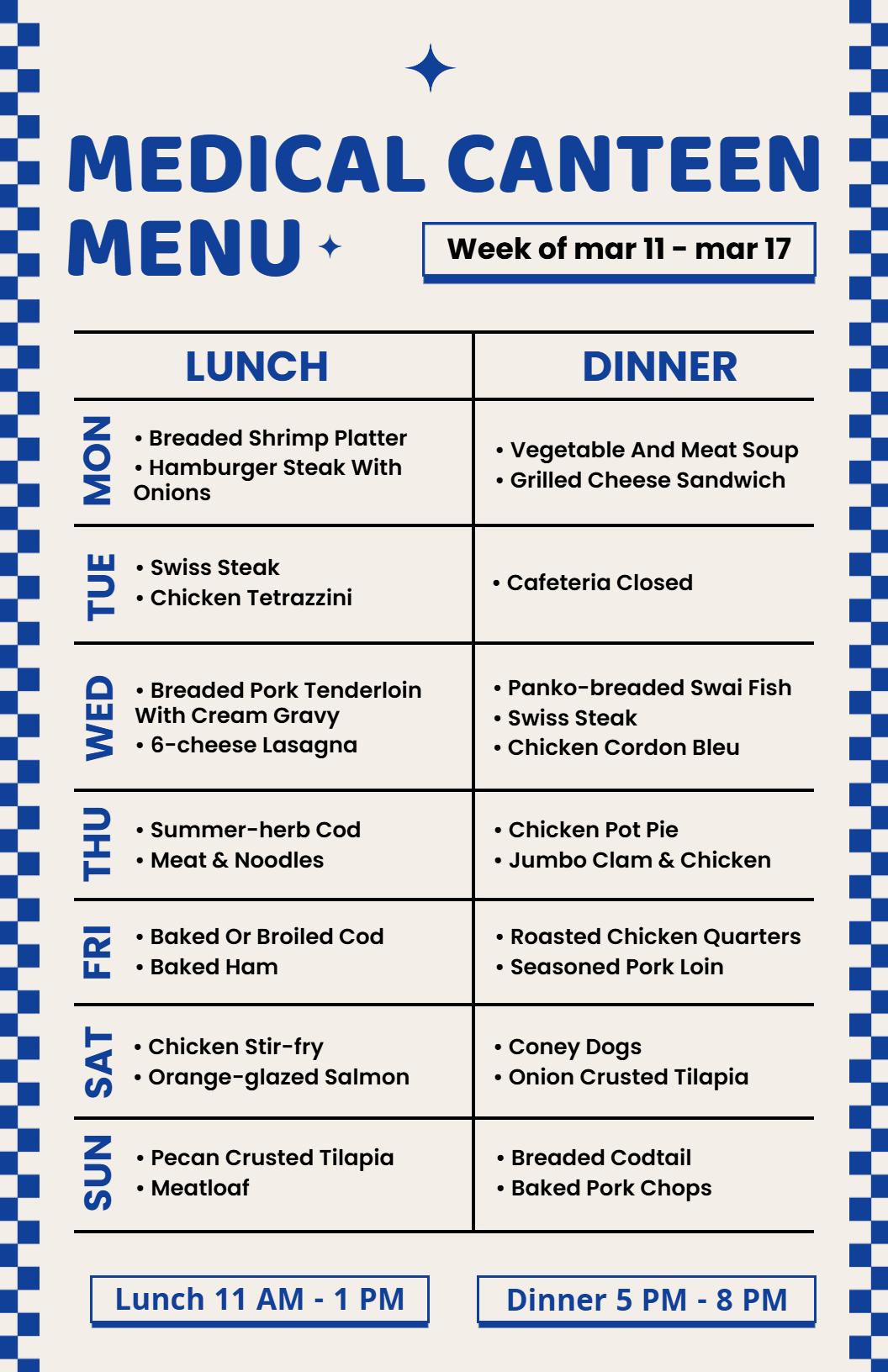 Classic Blue and White Medical Canteen Meal Menu Template