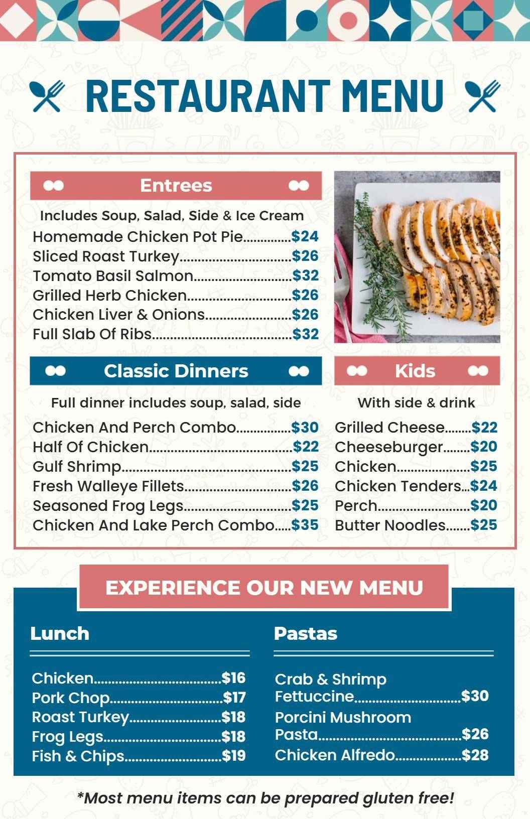 Classic Blue and White Restaurant Menu Template