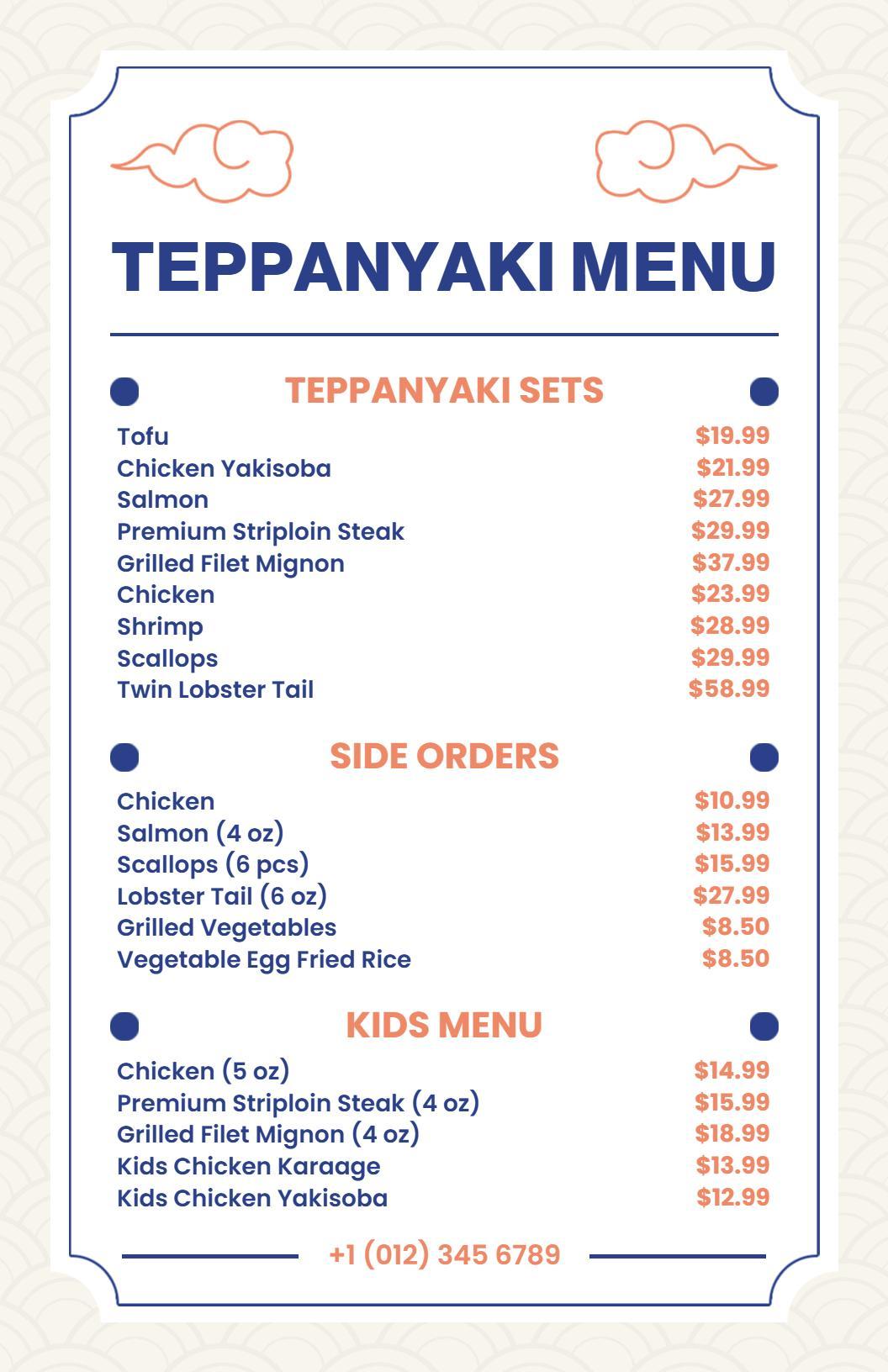 Classic Blue and White Teppanyaki Food Menu Template