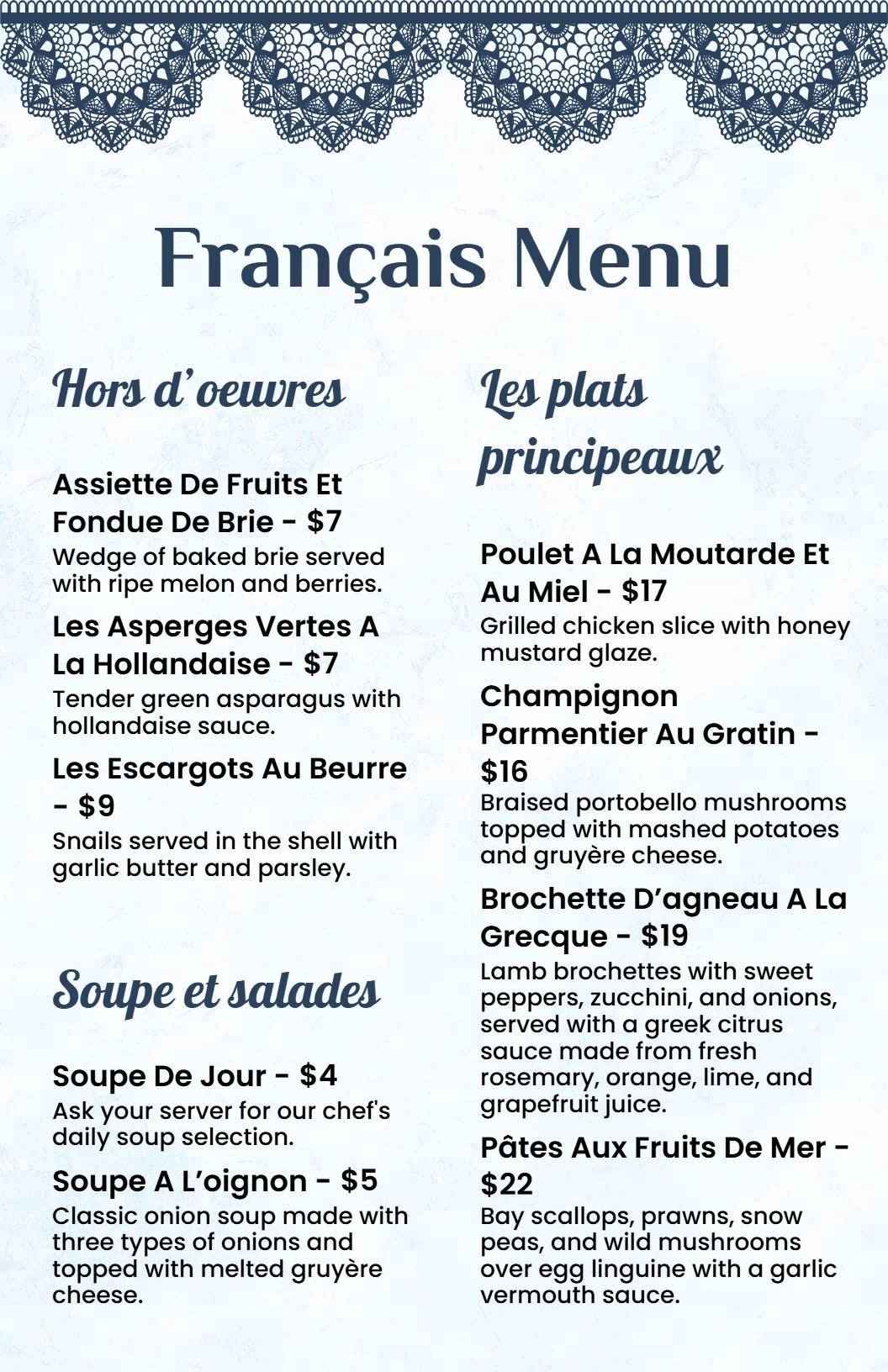 Classic Blue and White Textured French Restaurant Menu Template
