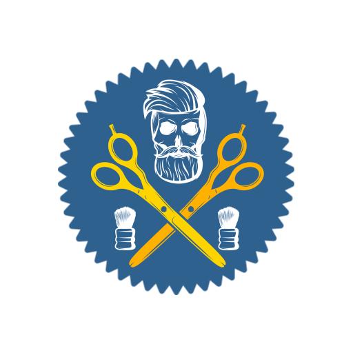Classic Blue and Yellow Barber Shop Tools Emblem Logo Template