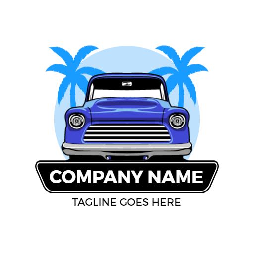 Classic Blue Pickup Truck Surrounded by Palm Trees Logo Template