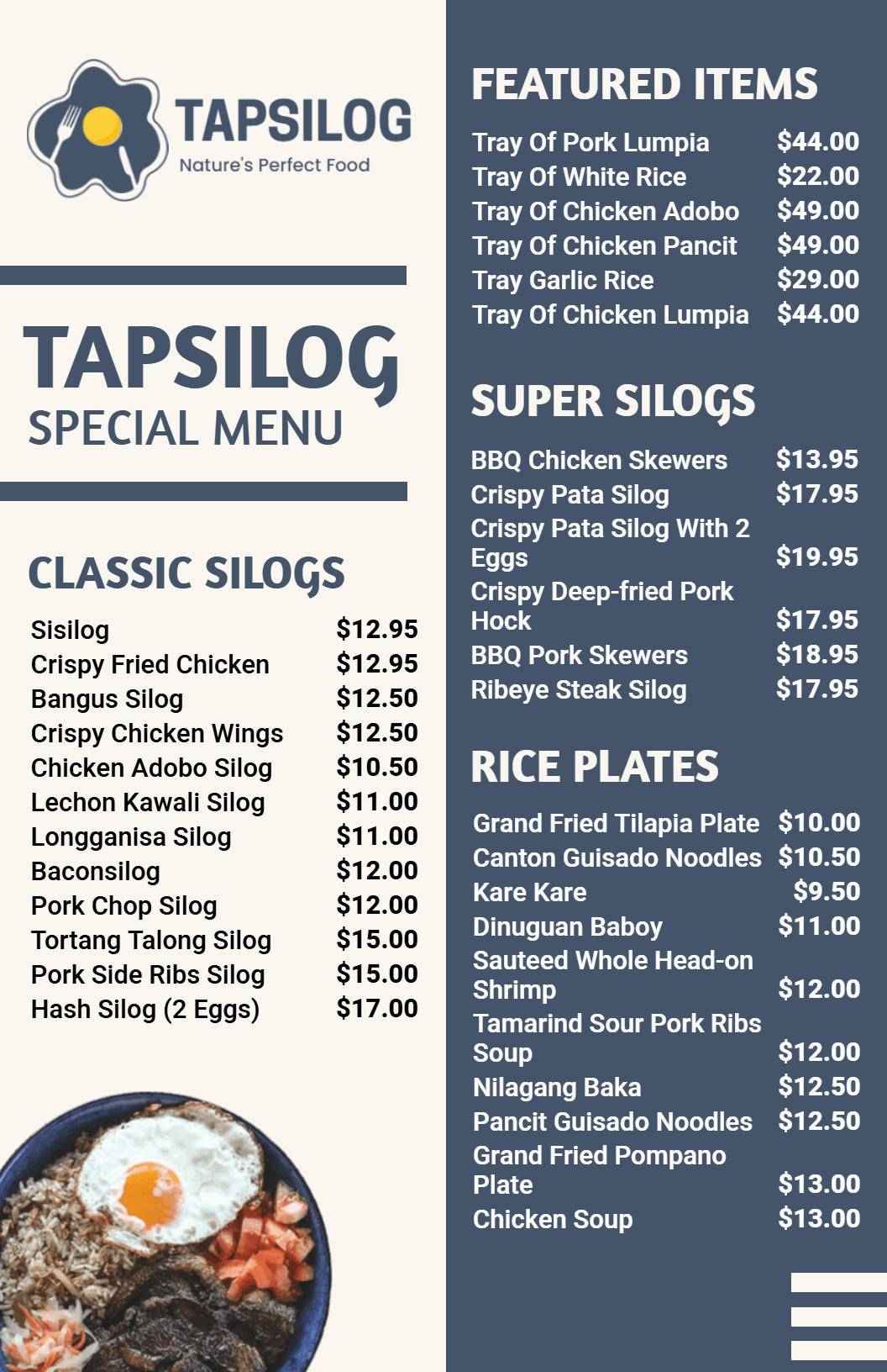 Classic Blue-Themed Filipino Tapsilog Restaurant Menu Template
