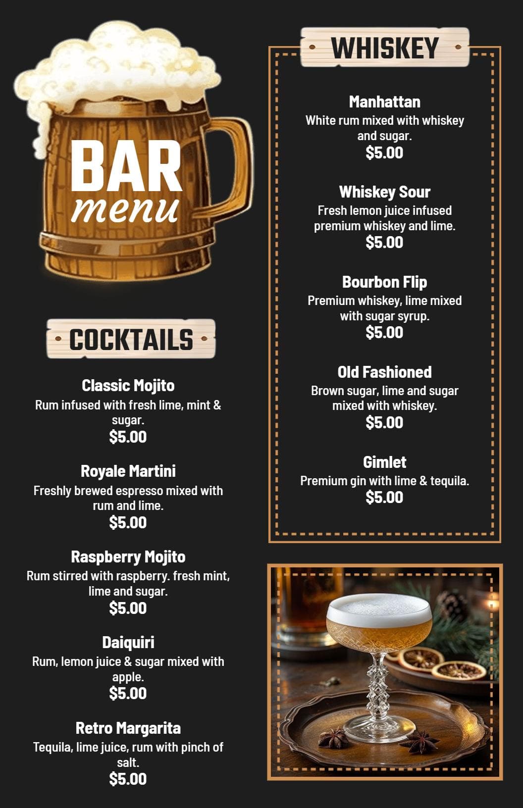 Classic Cocktails and Premium Whiskey Selections Bar Menu Template