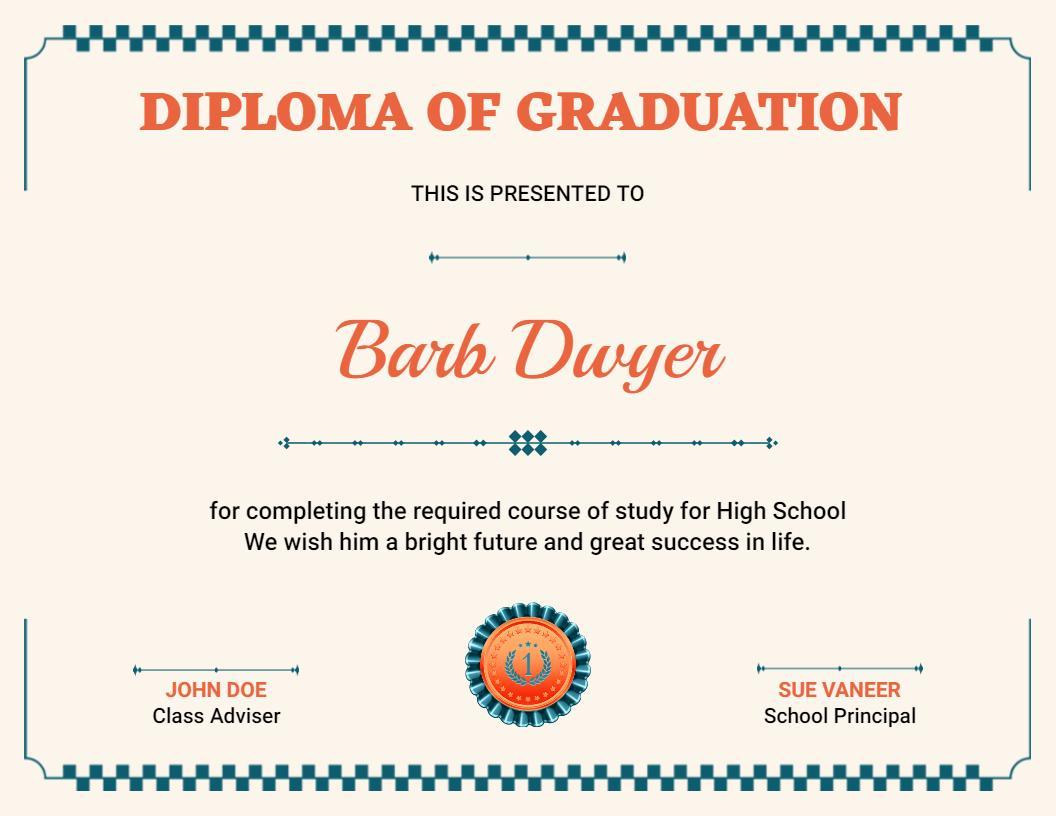 Classic Cream and Blue High School Graduation Diploma Template