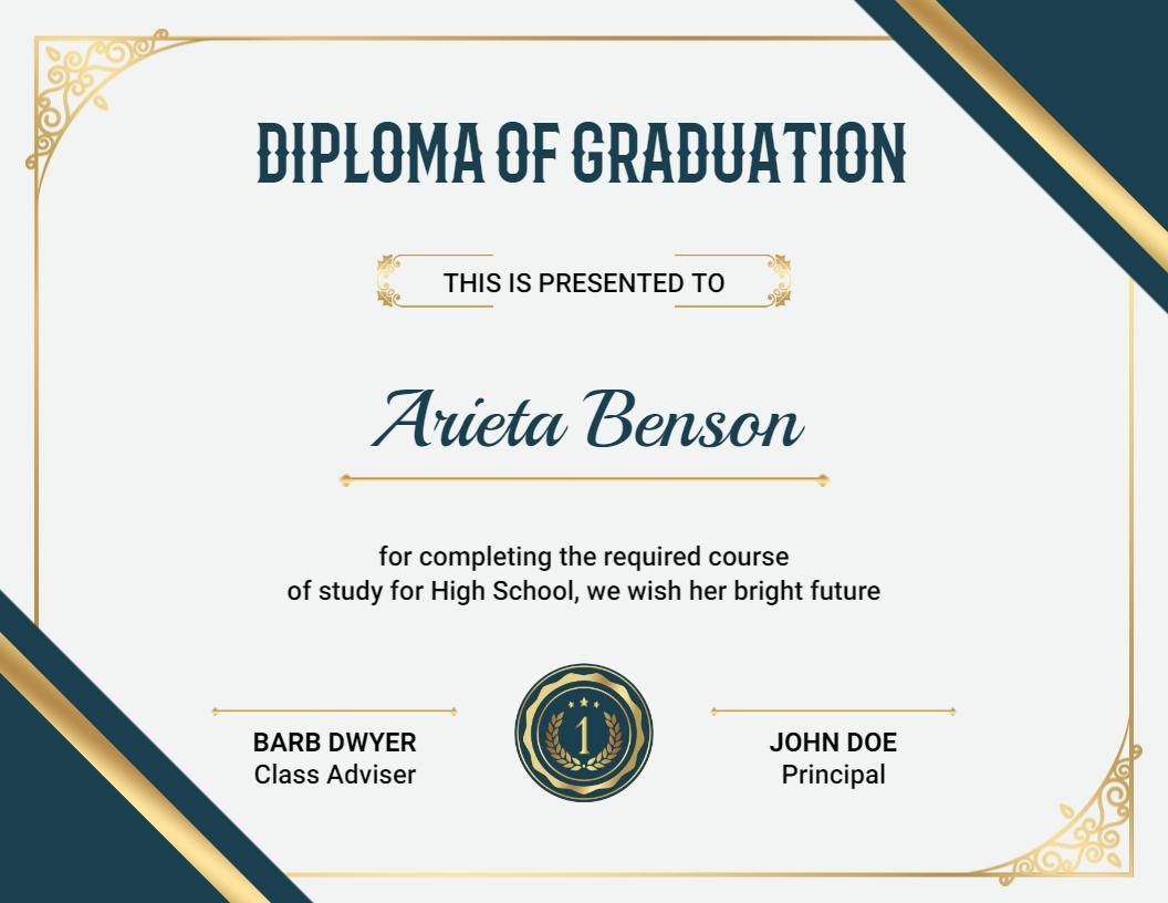 Classic Elegant Blue Graduation Diploma Certificate Template