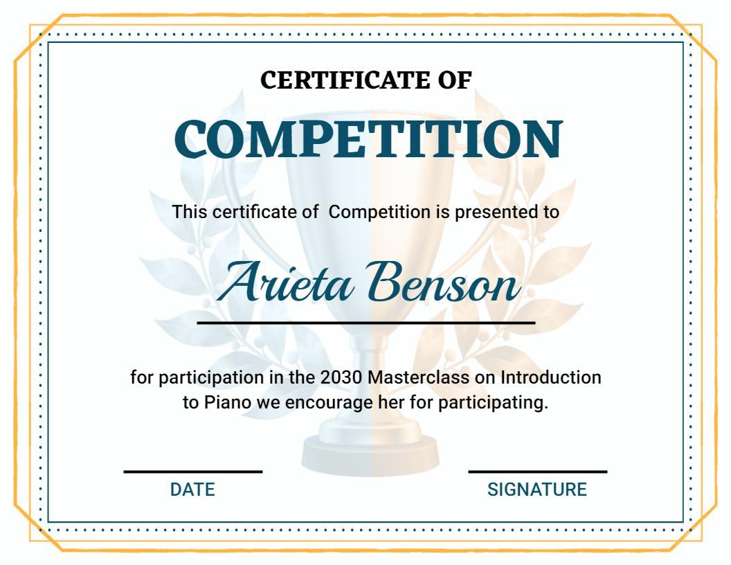 Classic Elegant Blue Music Competition Participation Certificate Template