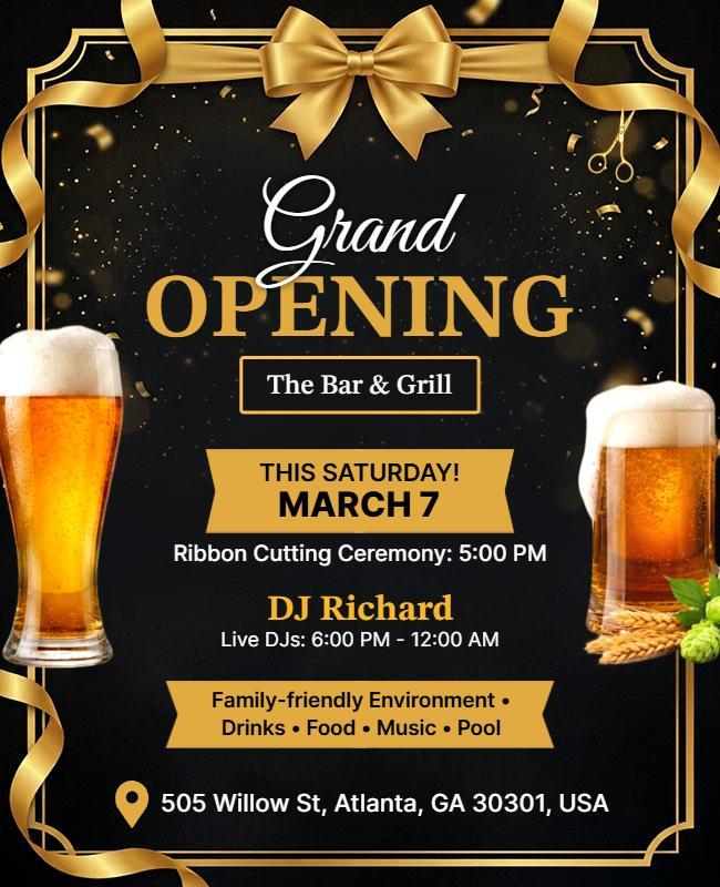 Classic Gold and Black Beer Bar Grand Opening Flyer Template