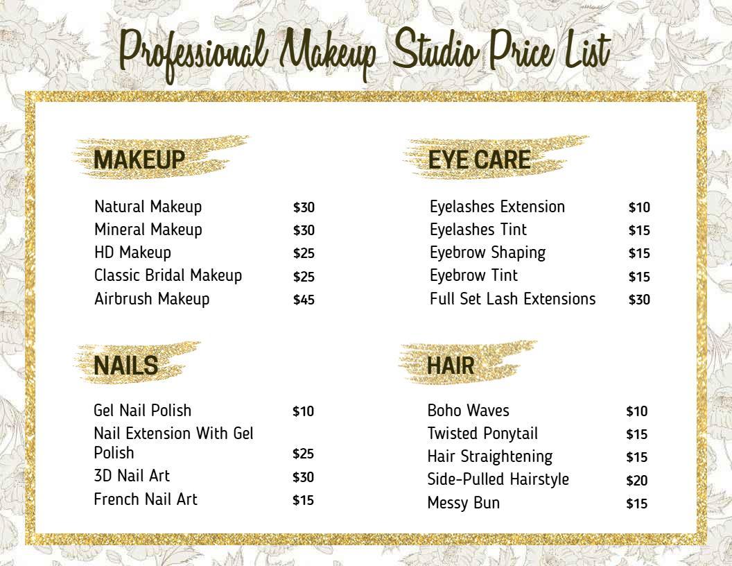 Classic Gold Themed Beauty and Hair Studio Price List Template
