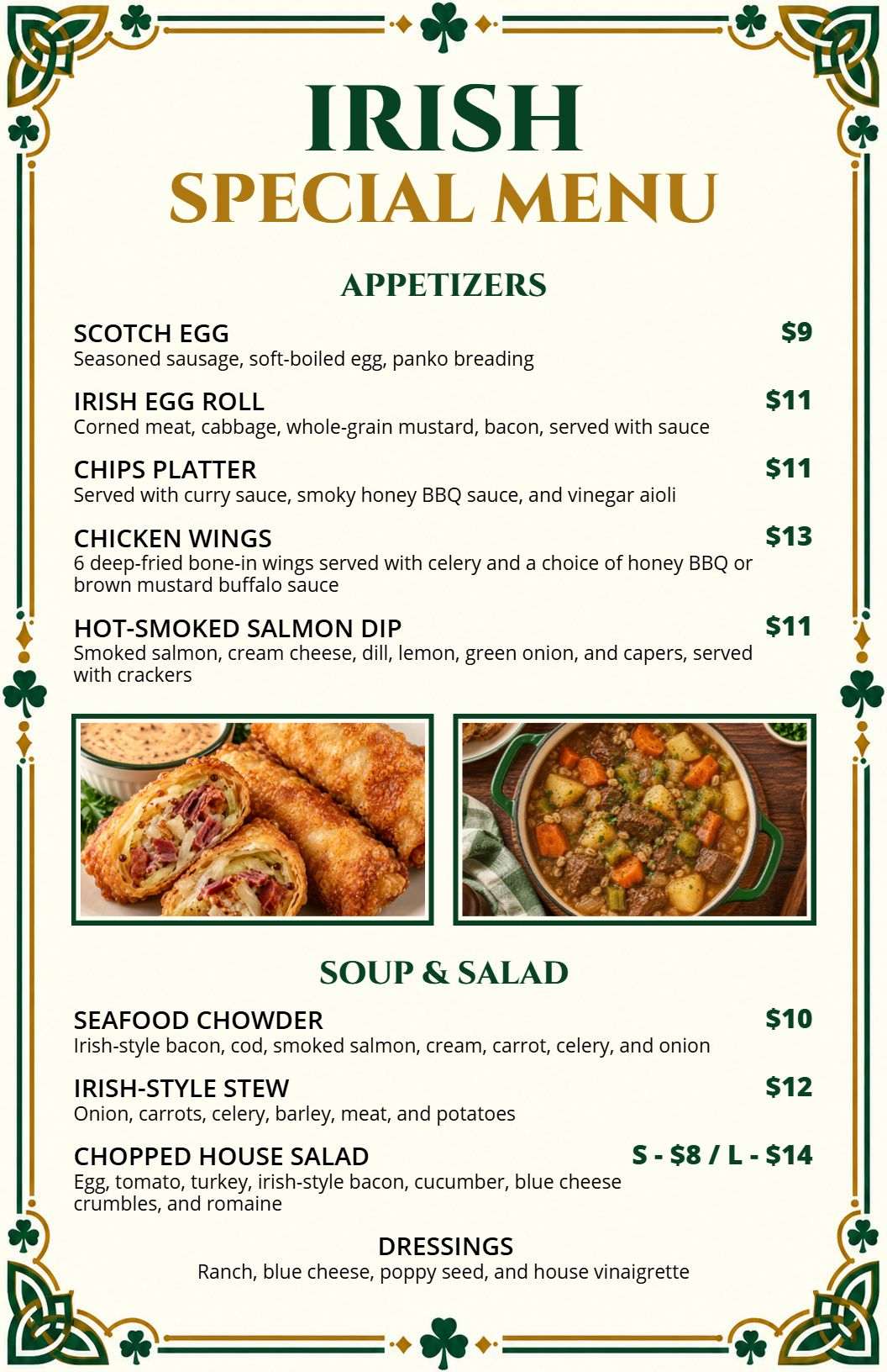 Classic Green and Gold Irish Cuisine Restaurant Menu Template