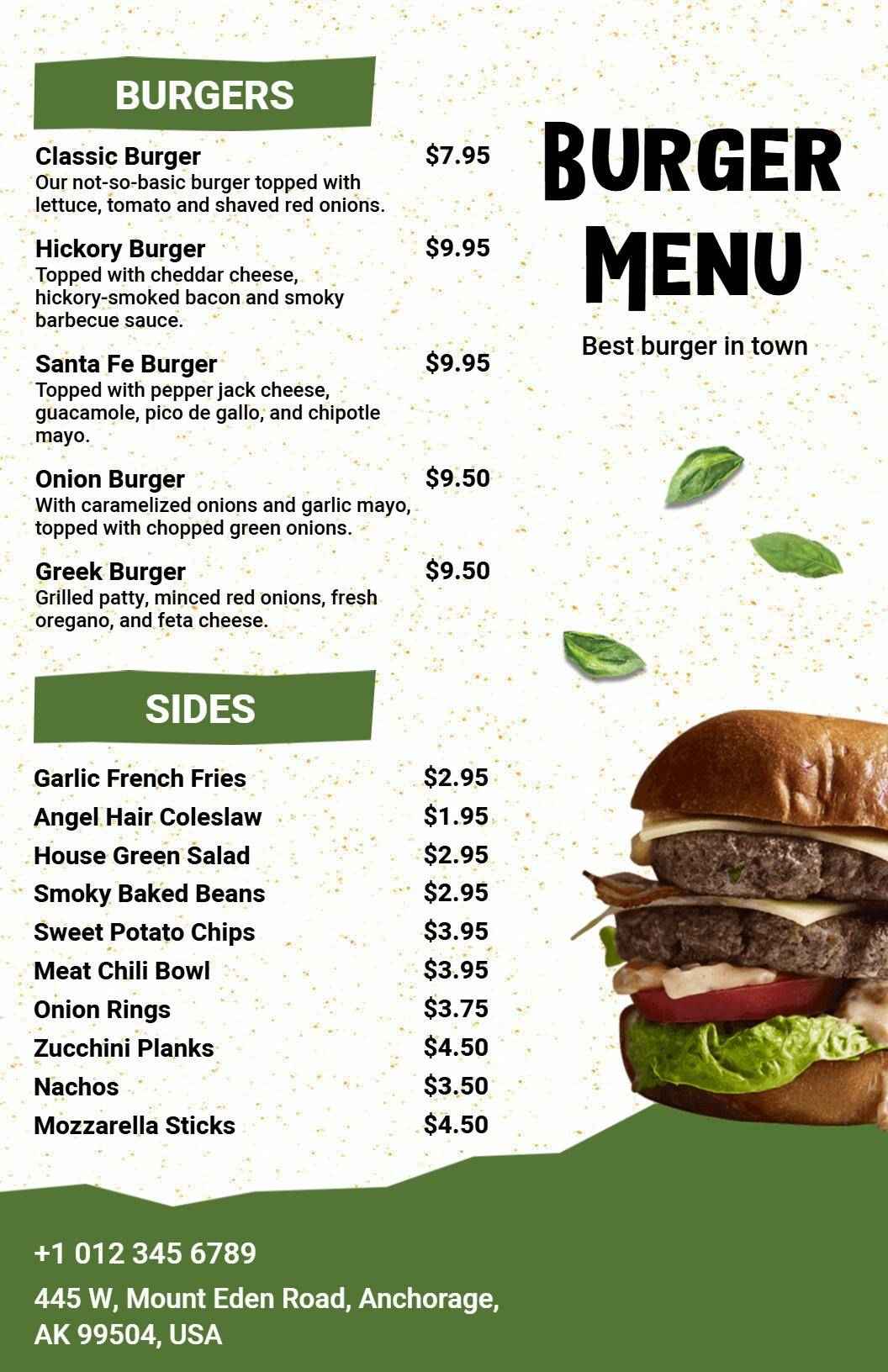Classic Green and White Burger Selections Menu Template
