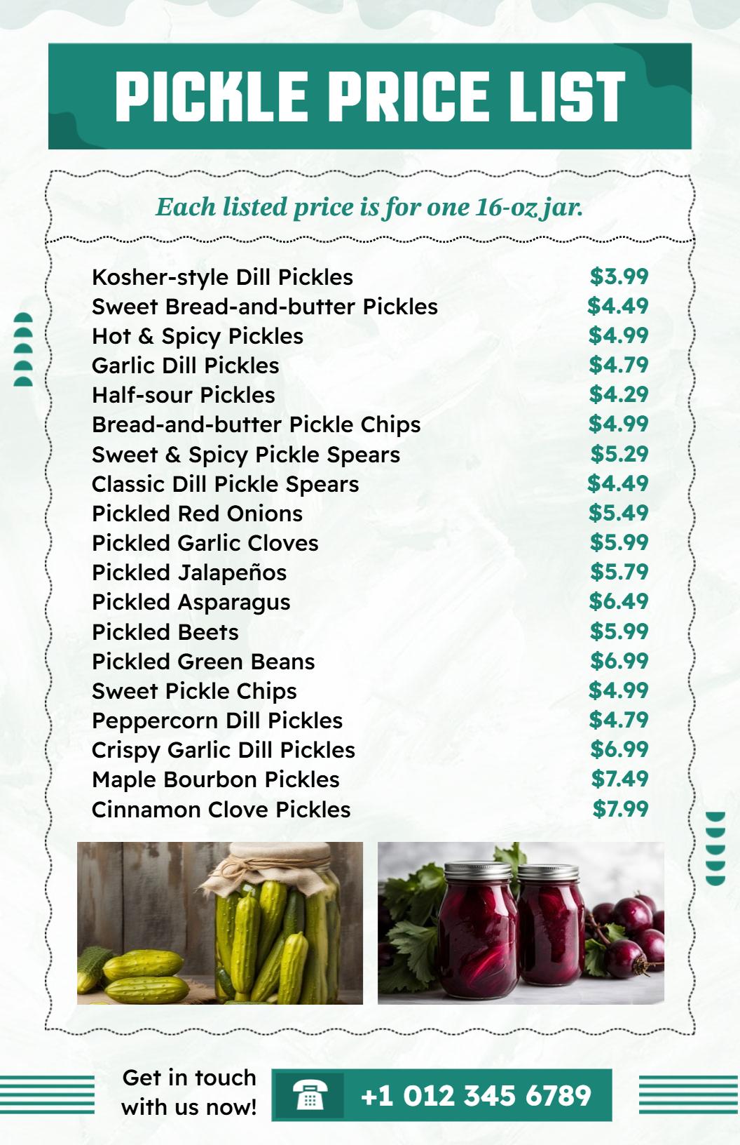 Classic Green and White Pickle Jar Price List Template