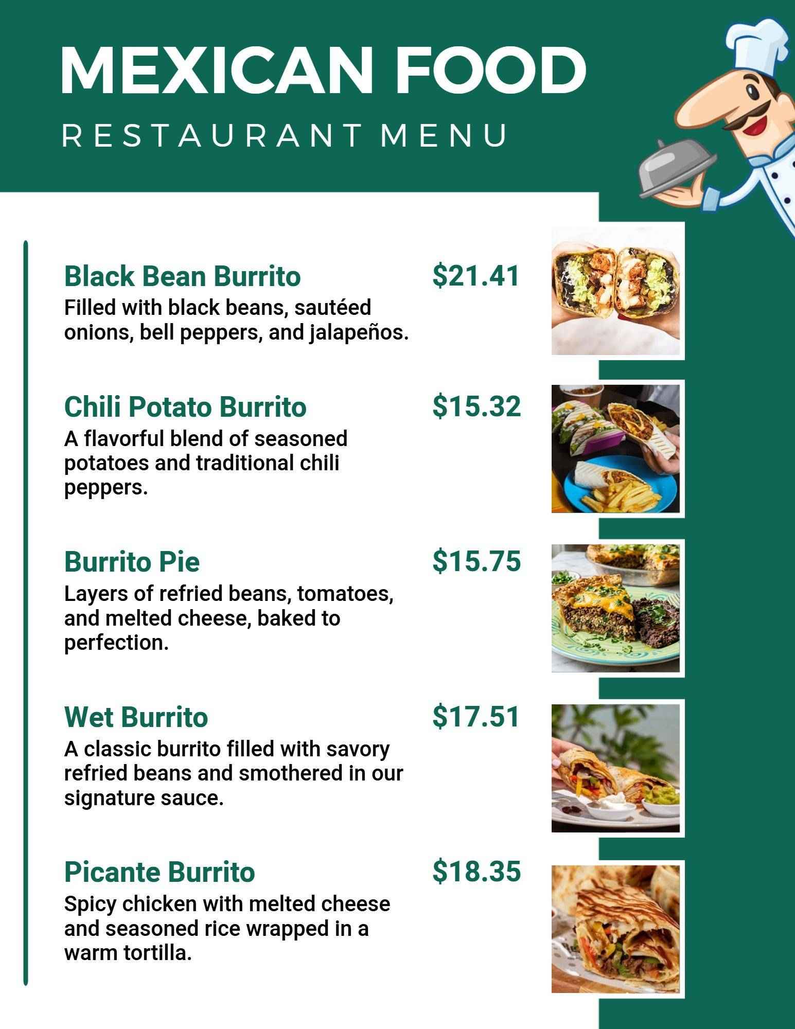 Classic Green Design for Mexican Burrito Menu Template