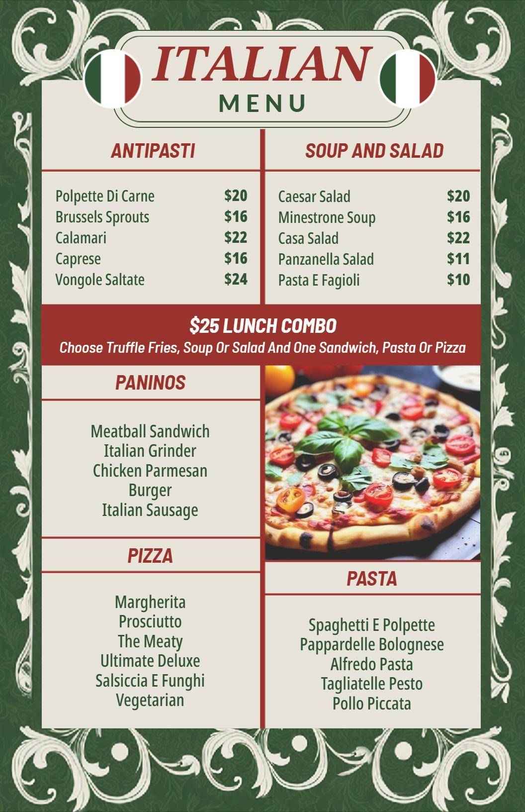 Classic Green Italian Restaurant Dining Menu Template
