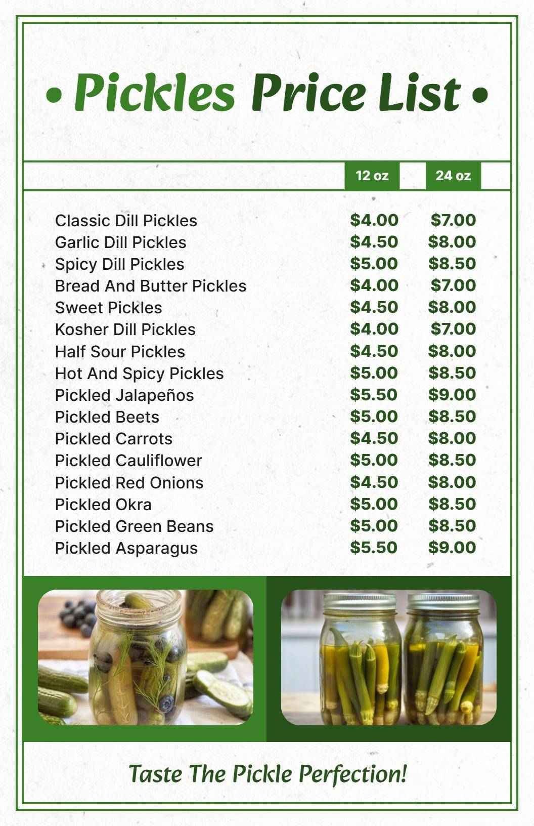 Classic Green Pickle Selection Price List Template