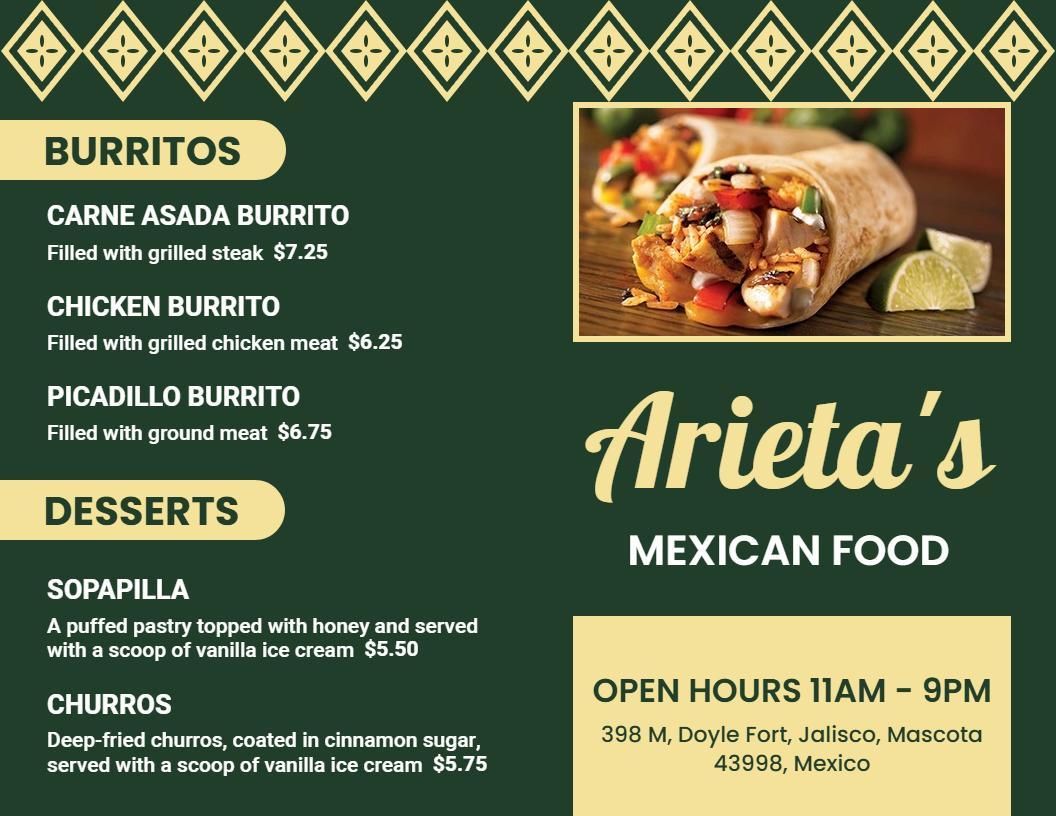 Classic Green Theme for Mexican Restaurant Bi-Fold Menu Template
