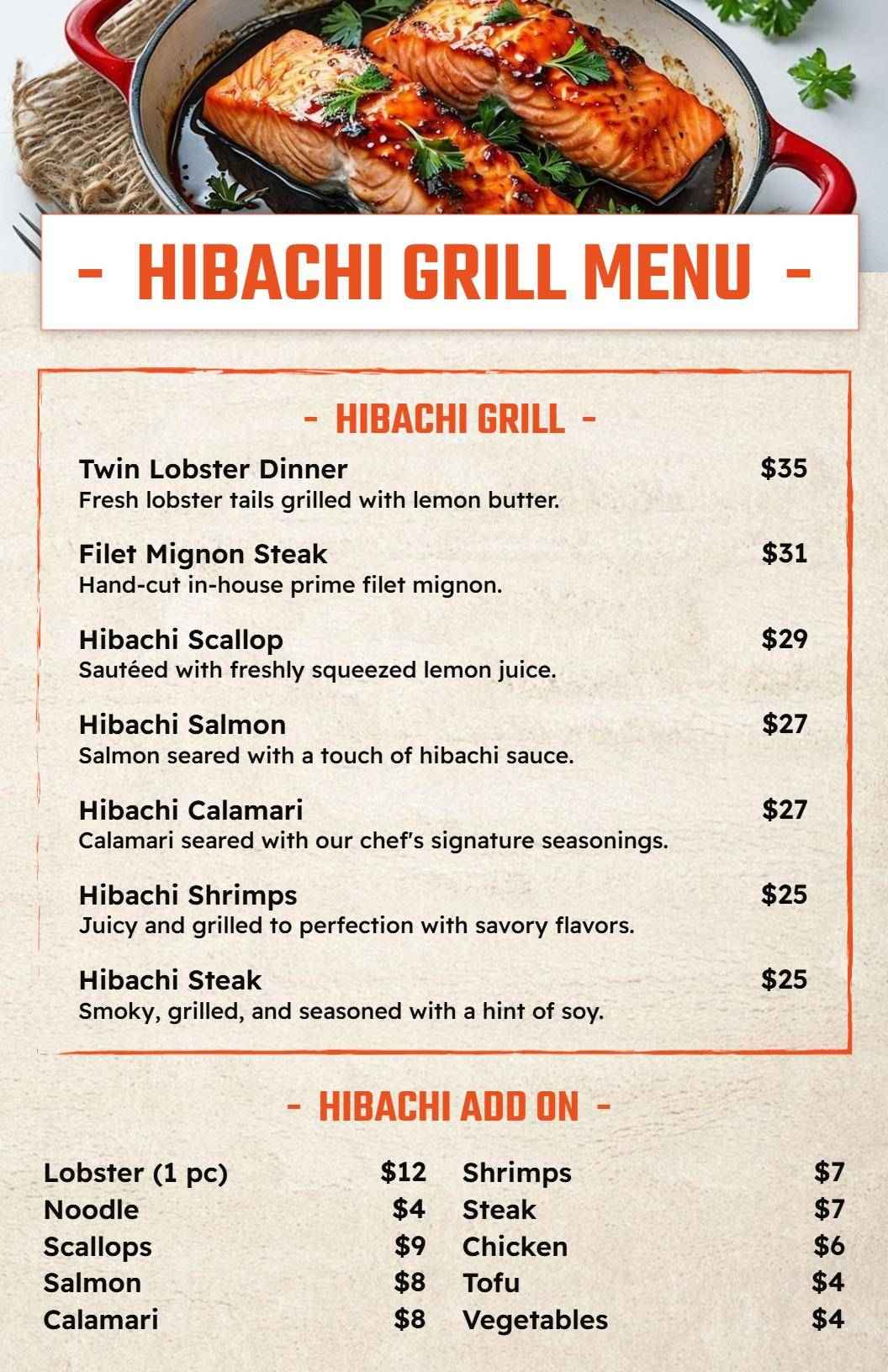 Classic Hibachi Cuisine with Add-Ons Menu Template